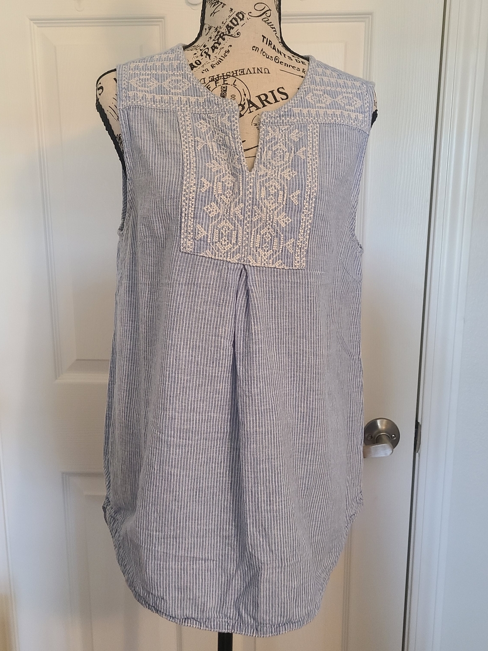 beachlunchlounge Blue and White Striped Sleeveless Embroidered Tunic
